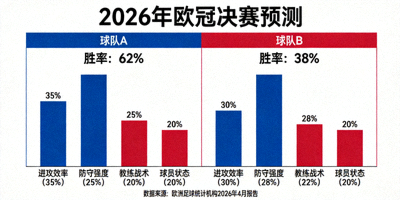 2026年欧冠决赛预测可视化图表，展示两队胜率概率与关键影响因素权重