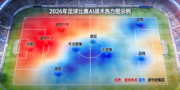 2026年足球比赛AI战术热力图示例，展示红色进攻热点与蓝色防守密集区域